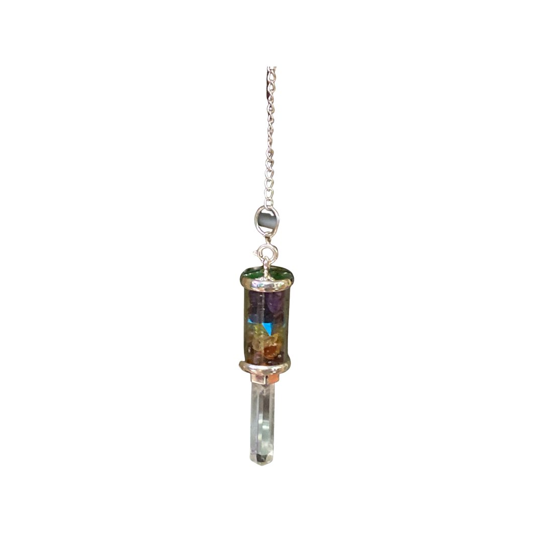 Seven Chakra Chips In Glass With Crystal Point Pendulum